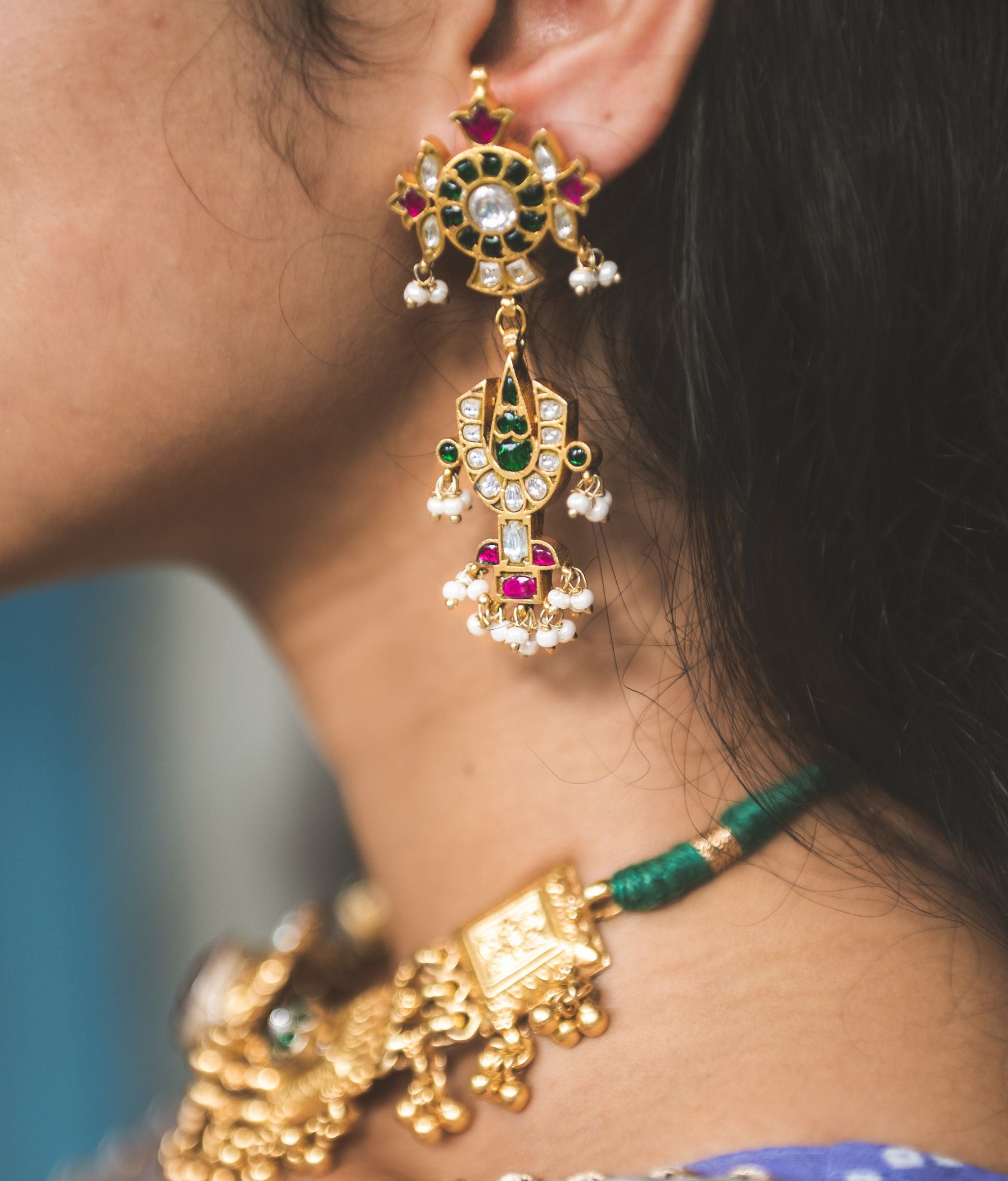 Pavitra Gold Polish Silver Necklace With Earrings