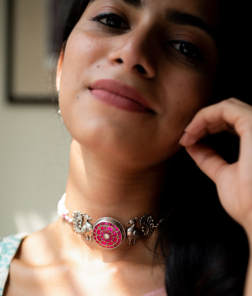 Chhavi Silver Choker Necklace Set