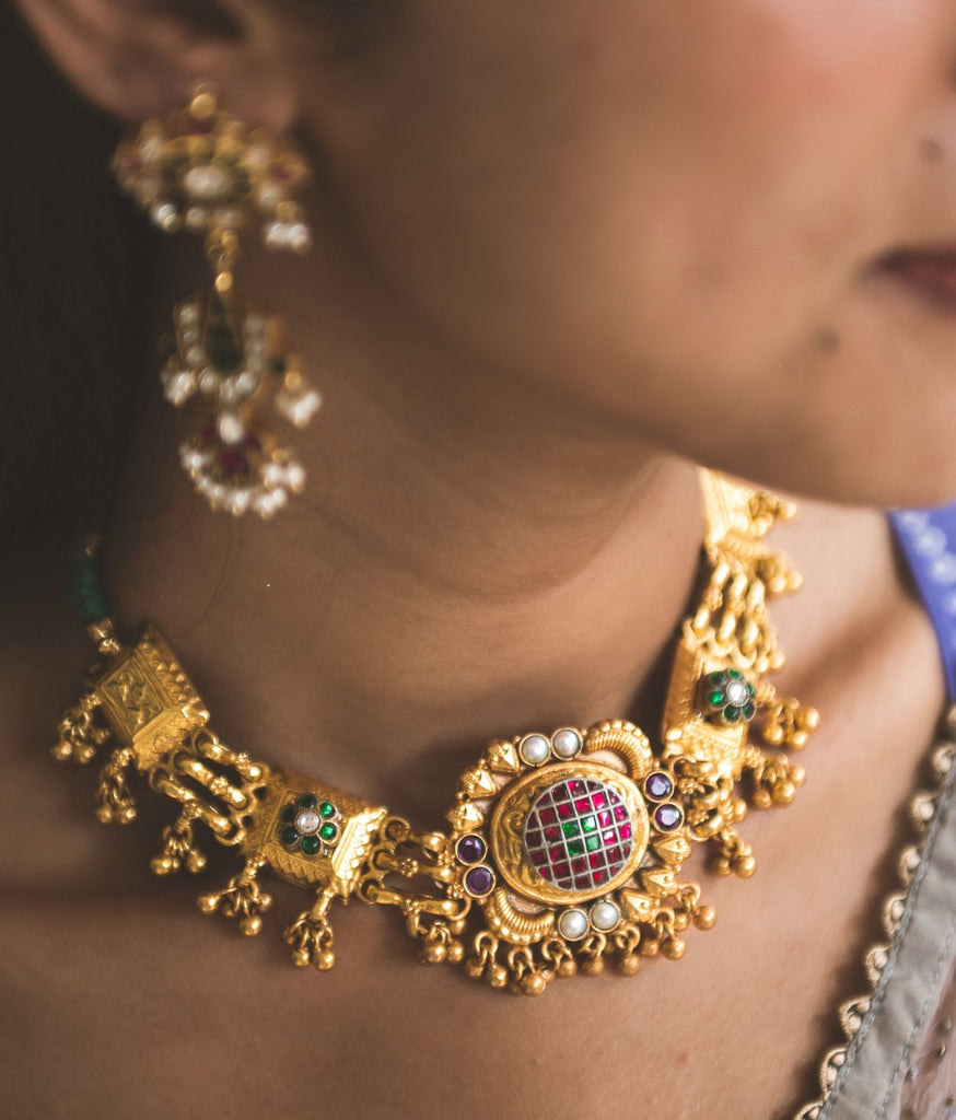 Pavitra Gold Polish Silver Necklace With Earrings R Narayan Jewellers R Narayan Jewellers